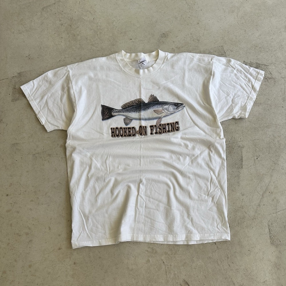 Vintage Y2K 90s Hooked On Fishing Art White Shirt XXLarge Art Tee